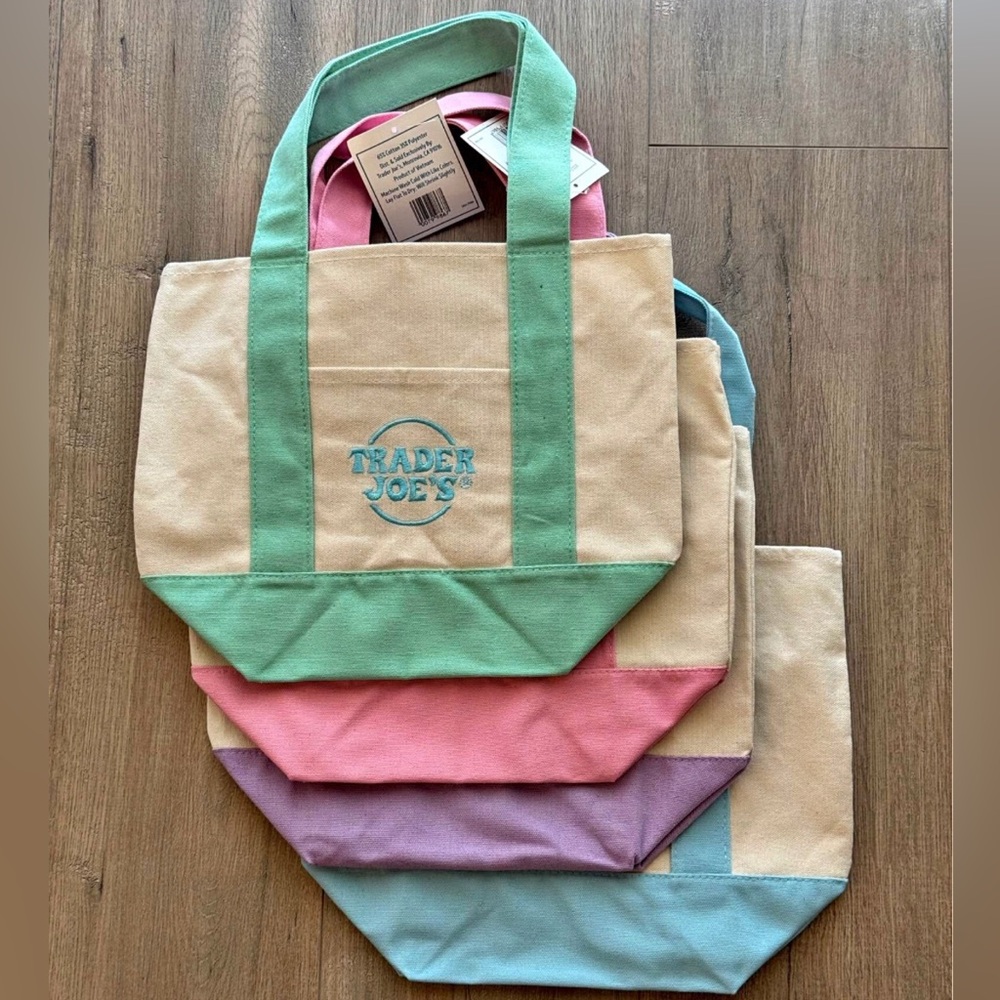 Trader Joe's Mini Pastel Canvas Tote Bags Set of 4 (Pink, Lavender, Green, Blue)